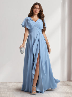 A-Line/Princess V-Neck Short Sleeves Bridesmaid Dresses With Ruffles & Split Side