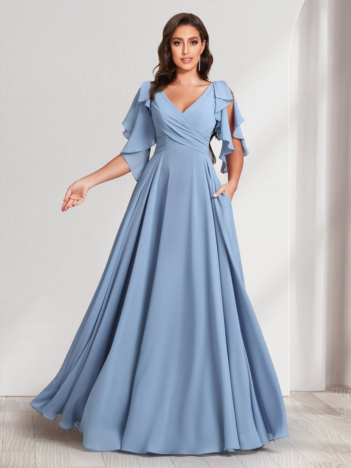 A-Line/Princess V-Neck Short Sleeves Long Bridesmaid Dresses With Ruffles &amp; Belt