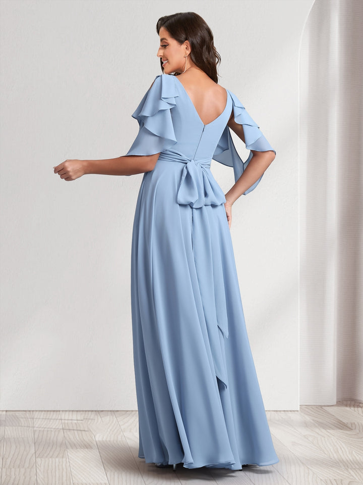 A-Line/Princess V-Neck Short Sleeves Long Bridesmaid Dresses With Ruffles &amp; Belt