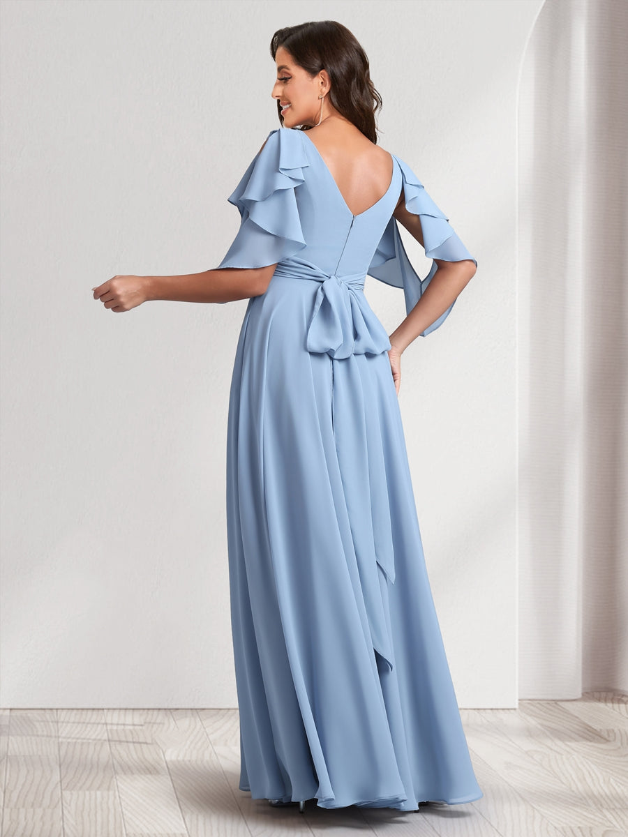 A-Line/Princess V-Neck Short Sleeves Long Bridesmaid Dresses With Ruffles & Belt