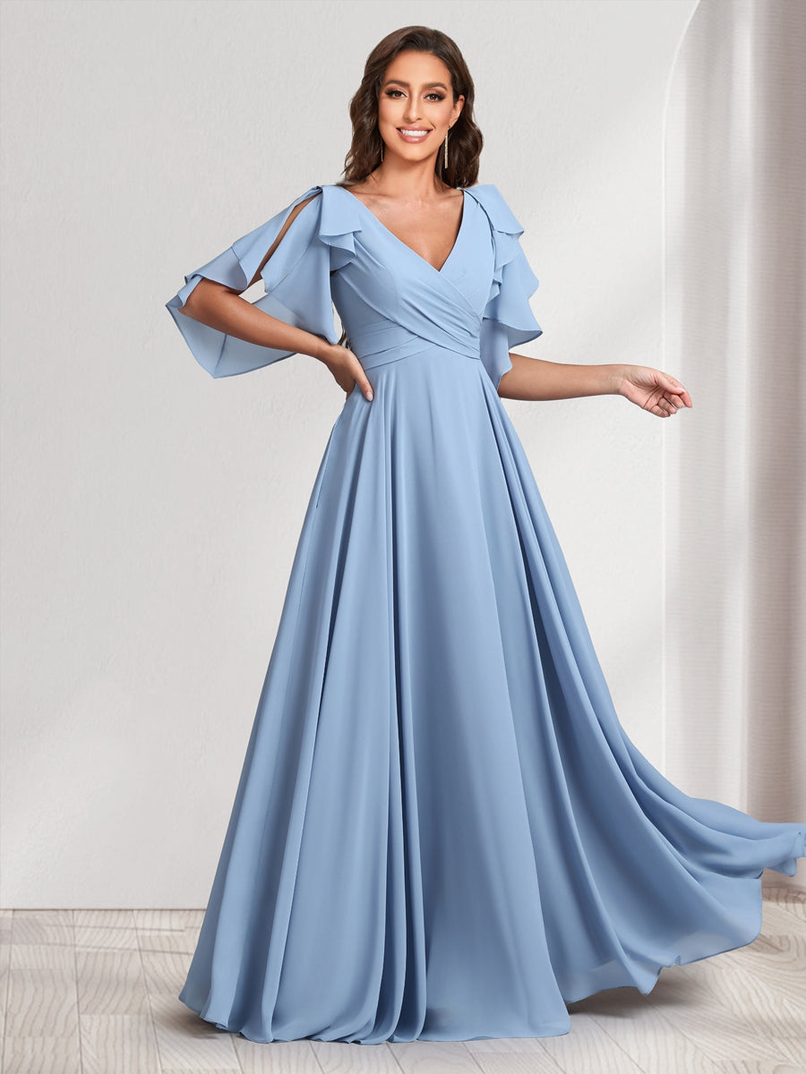 A-Line/Princess V-Neck Short Sleeves Long Bridesmaid Dresses With Ruffles &amp; Belt