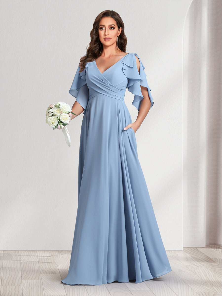 A-Line/Princess V-Neck Short Sleeves Long Bridesmaid Dresses With Ruffles & Belt