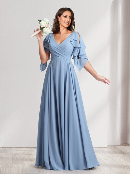 A-Line/Princess V-Neck Short Sleeves Long Bridesmaid Dresses With Ruffles & Belt
