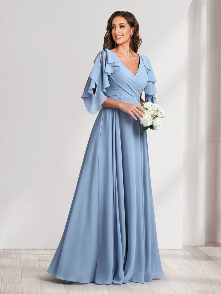 A-Line/Princess V-Neck Short Sleeves Long Bridesmaid Dresses With Ruffles &amp; Belt