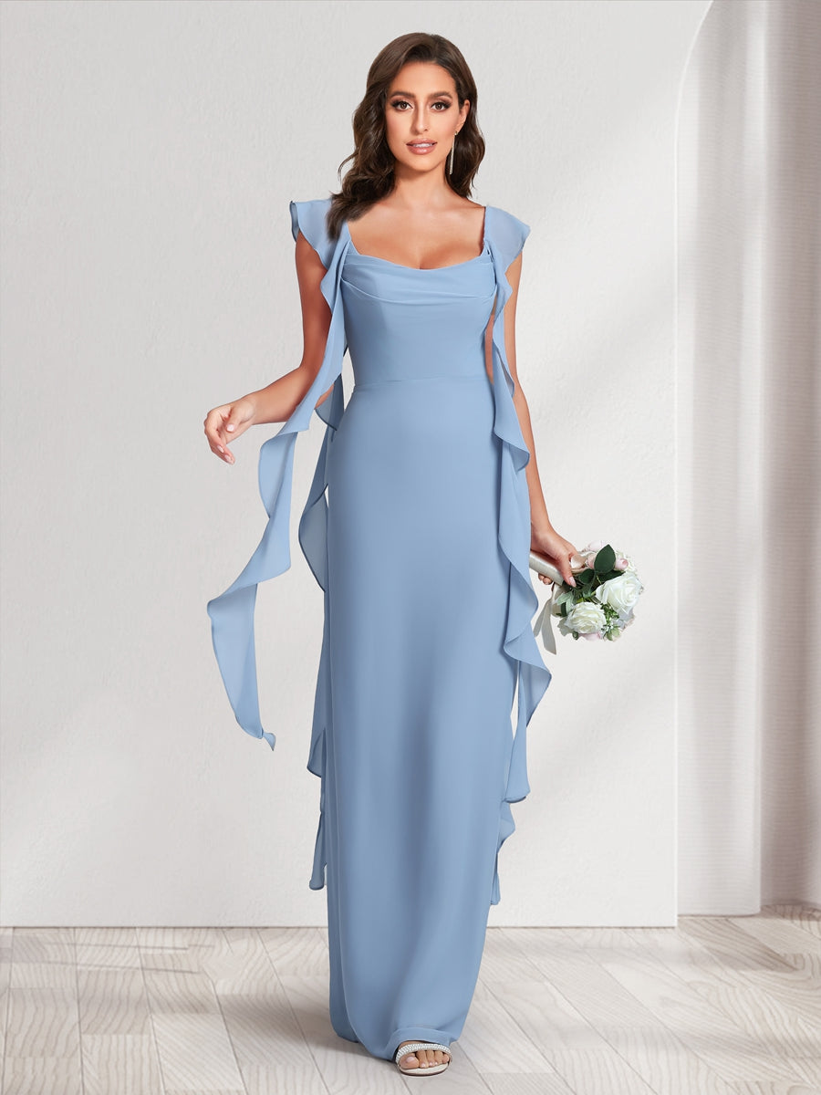 Sheath/Column Scoop Floor-Length Bridesmaid Dresses with Ruffle Straps