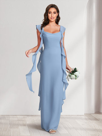 Sheath/Column Scoop Floor-Length Bridesmaid Dresses with Ruffle Straps
