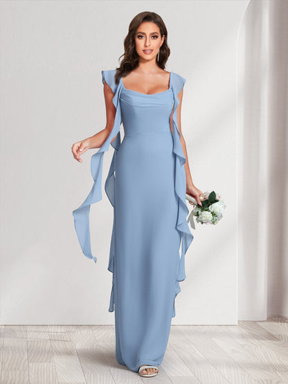 Sheath/Column Scoop Floor-Length Bridesmaid Dresses with Ruffle Straps
