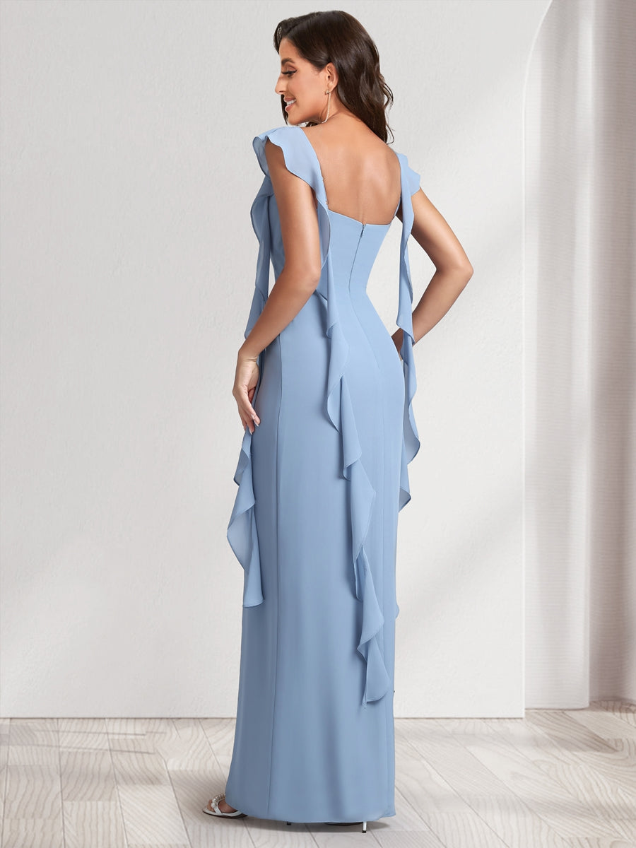 Sheath/Column Scoop Floor-Length Bridesmaid Dresses with Ruffle Straps