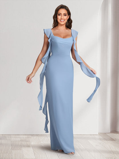 Sheath/Column Scoop Floor-Length Bridesmaid Dresses with Ruffle Straps