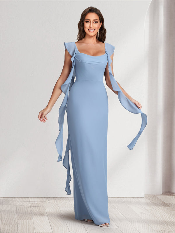 Sheath/Column Scoop Floor-Length Bridesmaid Dresses with Ruffle Straps