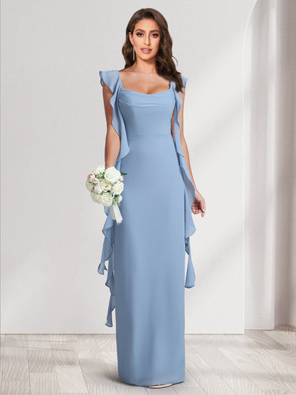 Sheath/Column Scoop Floor-Length Bridesmaid Dresses with Ruffle Straps