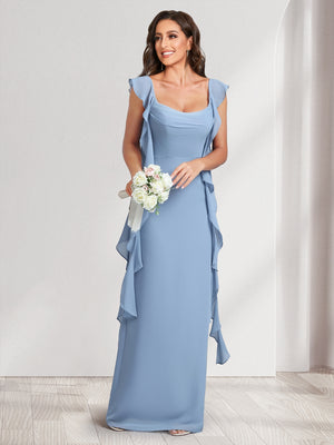 Sheath/Column Scoop Floor-Length Bridesmaid Dresses with Ruffle Straps