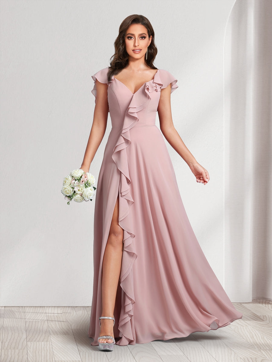 A-Line/Princess V-Neck Short Sleeves Bridesmaid Dresses With Ruffles & Split Side