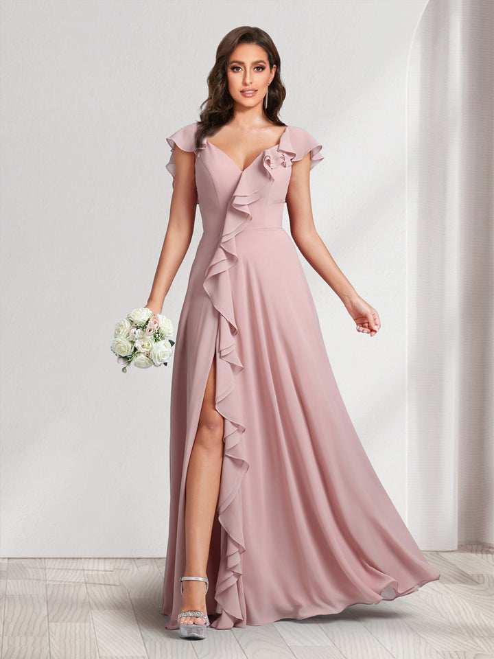 A-Line/Princess V-Neck Short Sleeves Bridesmaid Dresses With Ruffles &amp; Split Side