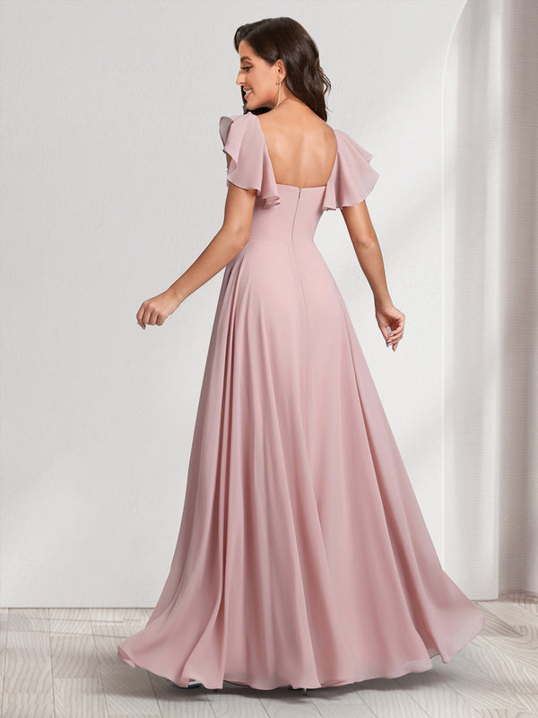 A-Line/Princess V-Neck Short Sleeves Bridesmaid Dresses With Ruffles & Split Side