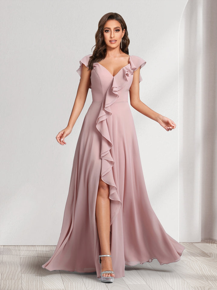 A-Line/Princess V-Neck Short Sleeves Bridesmaid Dresses With Ruffles &amp; Split Side