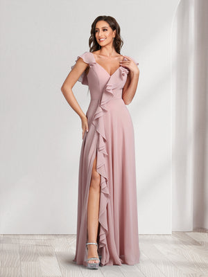 A-Line/Princess V-Neck Short Sleeves Bridesmaid Dresses With Ruffles & Split Side