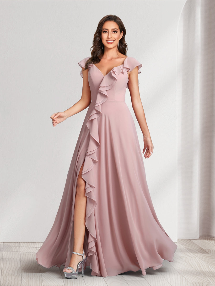 A-Line/Princess V-Neck Short Sleeves Bridesmaid Dresses With Ruffles &amp; Split Side