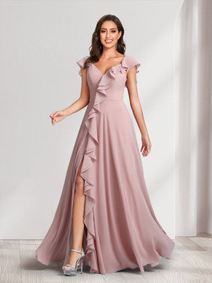 A-Line/Princess V-Neck Short Sleeves Bridesmaid Dresses With Ruffles & Split Side