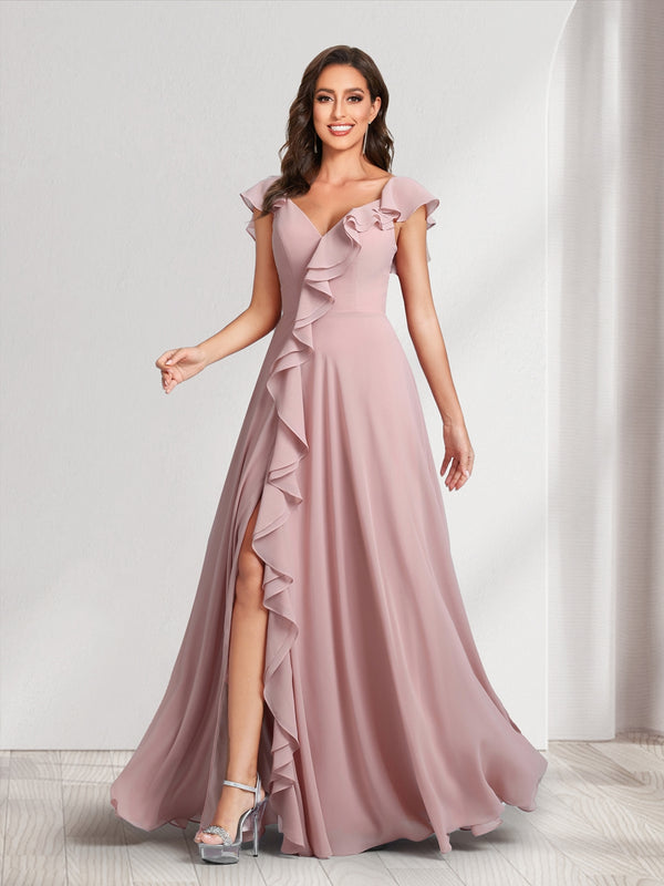 A-Line/Princess V-Neck Short Sleeves Bridesmaid Dresses With Ruffles & Split Side