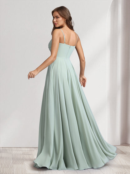 A-Line/Princess Spaghetti Straps Sleeveless Floor-Length Ruched Bridesmaid Dresses With Split Side
