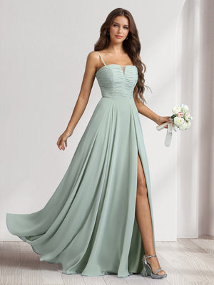 A-Line/Princess Spaghetti Straps Sleeveless Floor-Length Ruched Bridesmaid Dresses With Split Side