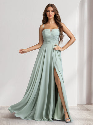 A-Line/Princess Spaghetti Straps Sleeveless Floor-Length Ruched Bridesmaid Dresses With Split Side