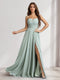 A-Line/Princess Spaghetti Straps Sleeveless Floor-Length Ruched Bridesmaid Dresses With Split Side
