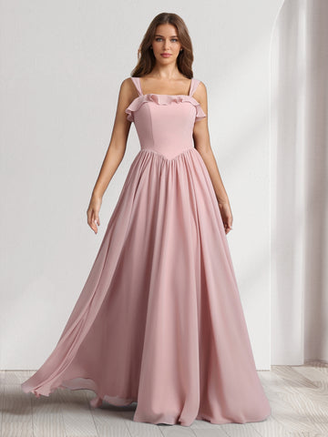 A-Line/Princess Square Neck Sleeveless Floor-Length Bridesmaid Dresses With Pleats & Ruffles