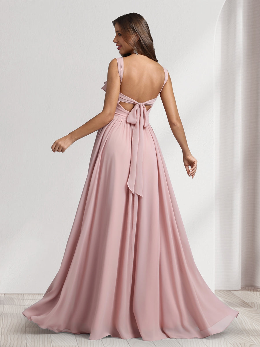 A-Line/Princess Square Neck Sleeveless Floor-Length Bridesmaid Dresses With Pleats & Ruffles