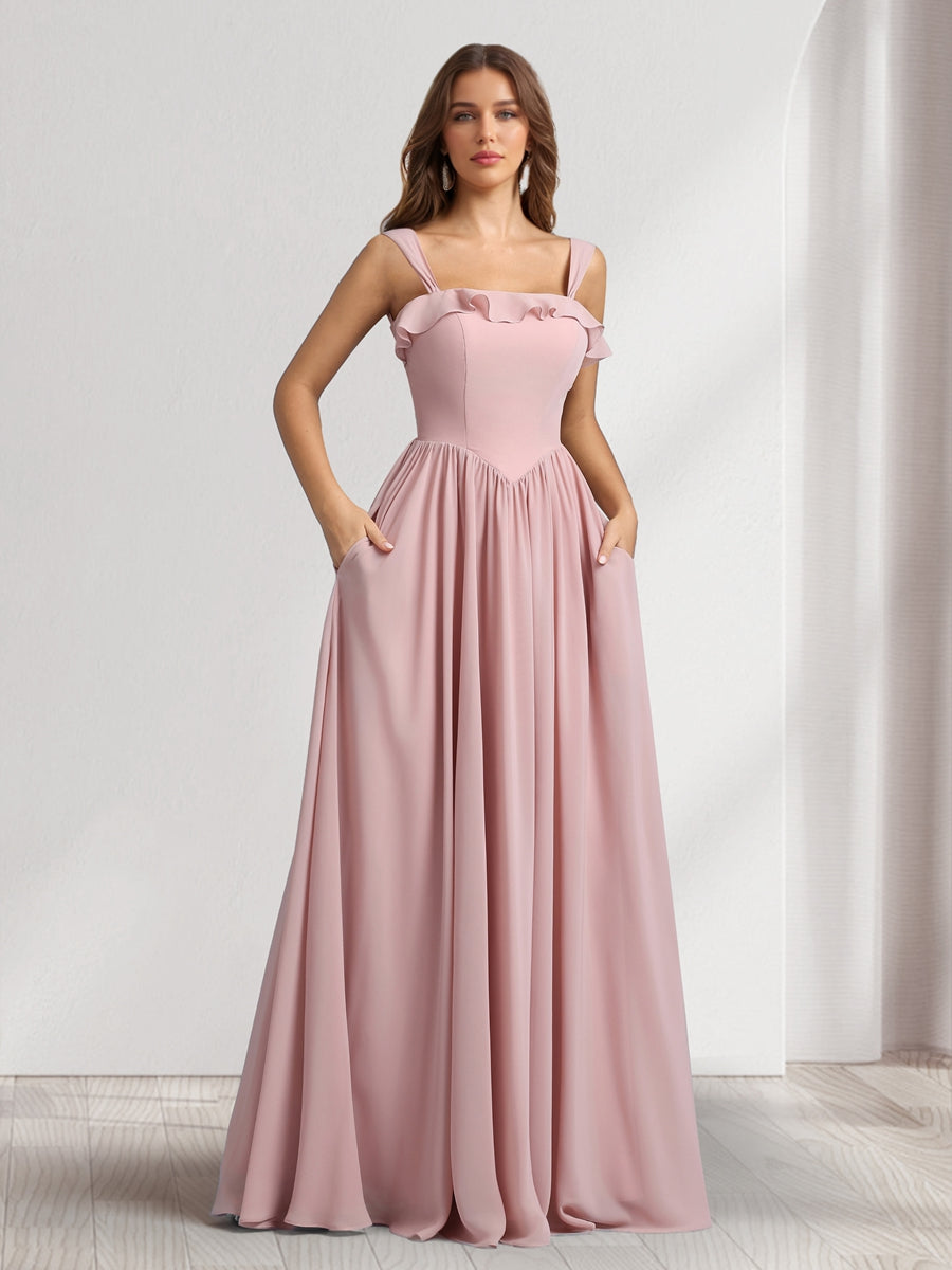 A-Line/Princess Square Neck Sleeveless Floor-Length Bridesmaid Dresses With Pleats &amp; Ruffles