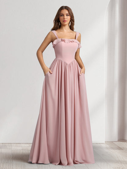 A-Line/Princess Square Neck Sleeveless Floor-Length Bridesmaid Dresses With Pleats & Ruffles