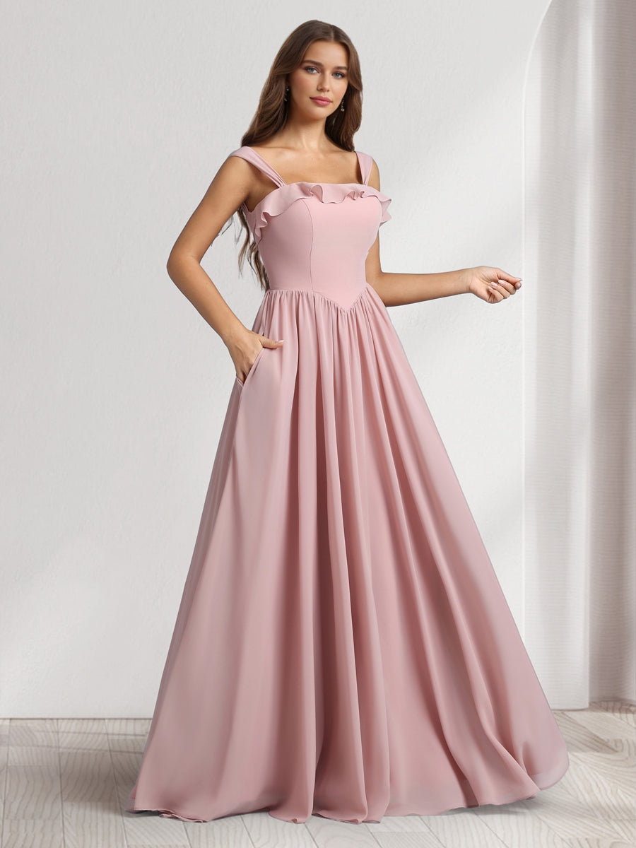 A-Line/Princess Square Neck Sleeveless Floor-Length Bridesmaid Dresses With Pleats &amp; Ruffles