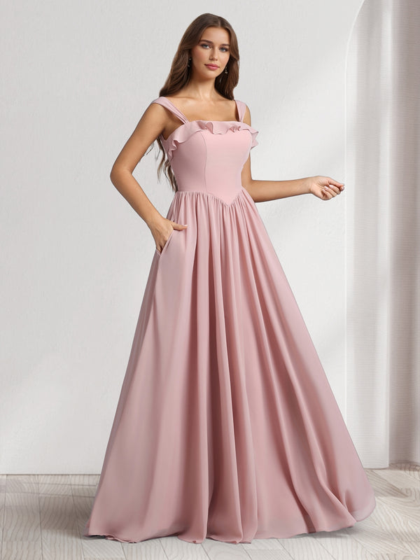 A-Line/Princess Square Neck Sleeveless Floor-Length Bridesmaid Dresses With Pleats & Ruffles