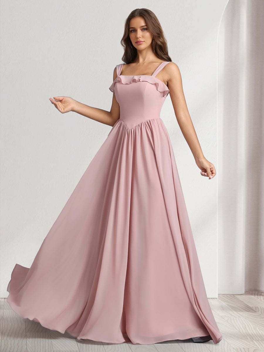 A-Line/Princess Square Neck Sleeveless Floor-Length Bridesmaid Dresses With Pleats & Ruffles