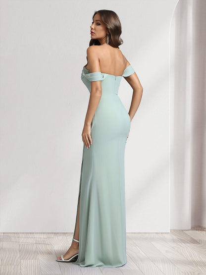 Sheath/Column Off-the-Shoulder Long Bridesmaid Dresses with Split Side