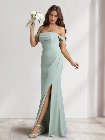 Sheath/Column Off-the-Shoulder Long Bridesmaid Dresses with Split Side