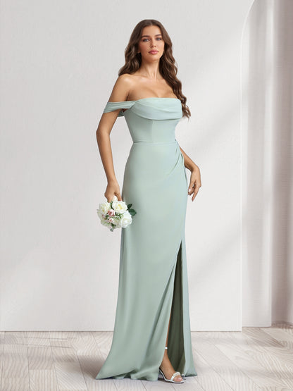 Sheath/Column Off-the-Shoulder Long Bridesmaid Dresses with Split Side
