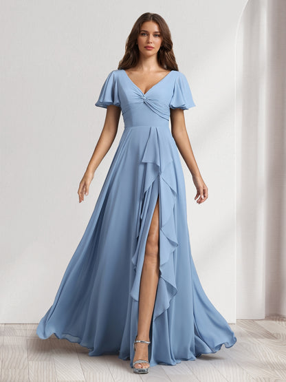 A-Line/Princess V-Neck Short Sleeves Floor-Length Bridesmaid Dresses With Ruffles & Split Side