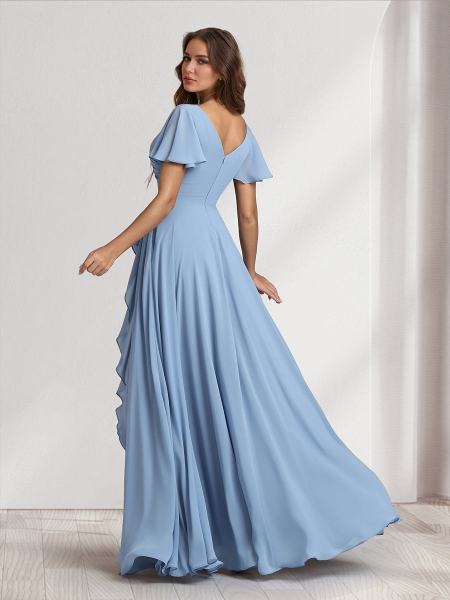 A-Line/Princess V-Neck Short Sleeves Floor-Length Bridesmaid Dresses With Ruffles &amp; Split Side