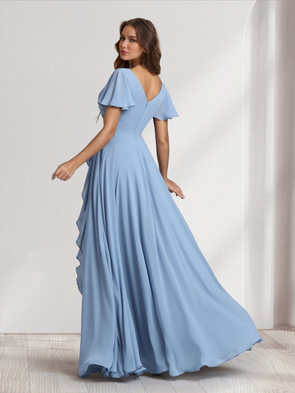 A-Line/Princess V-Neck Short Sleeves Floor-Length Bridesmaid Dresses With Ruffles & Split Side