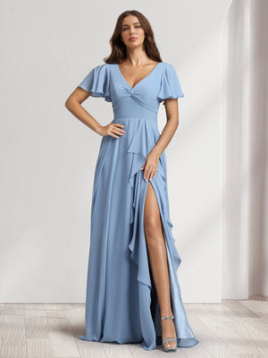 A-Line/Princess V-Neck Short Sleeves Floor-Length Bridesmaid Dresses With Ruffles & Split Side