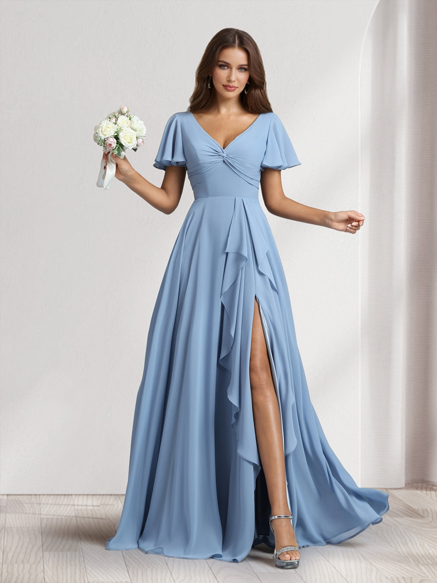 A-Line/Princess V-Neck Short Sleeves Floor-Length Bridesmaid Dresses With Ruffles & Split Side