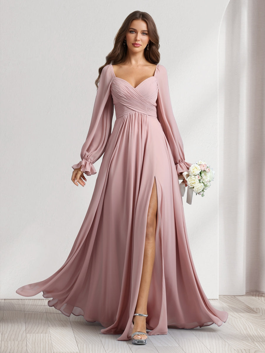 A-Line/Princess Sweetheart Long Sleeves Bridesmaid Dresses With Pleats &amp; Split Side