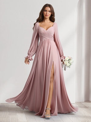 A-Line/Princess Sweetheart Long Sleeves Bridesmaid Dresses With Pleats & Split Side