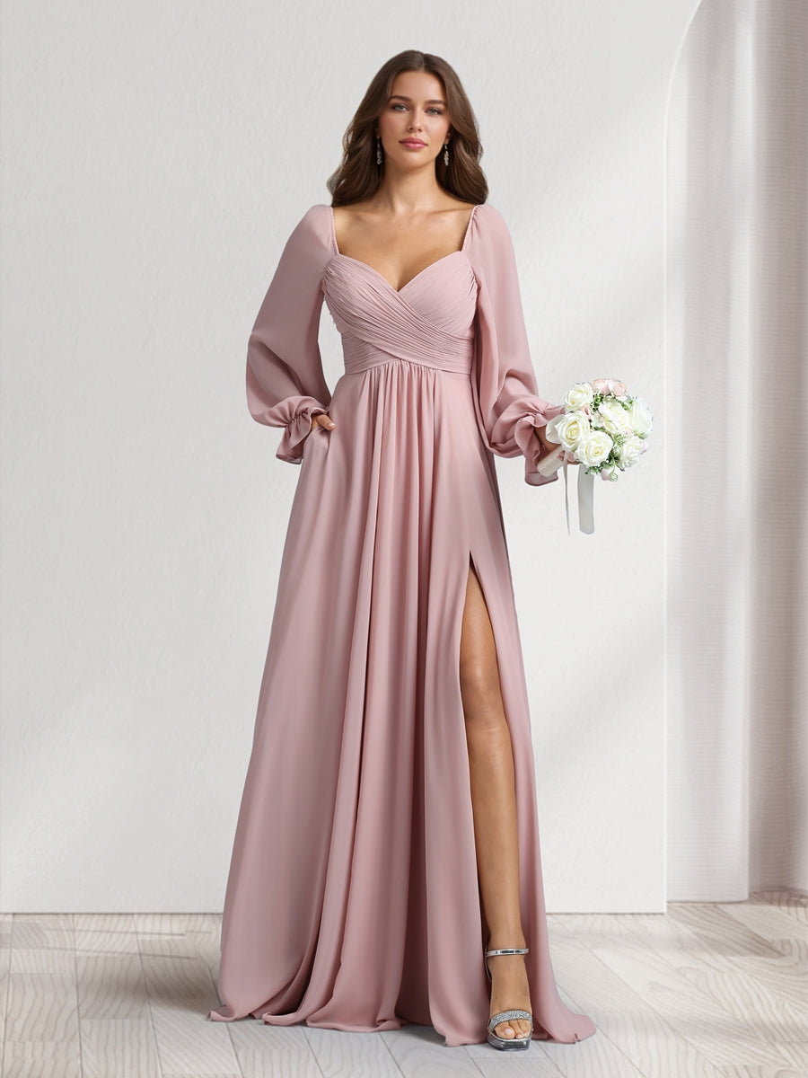A-Line/Princess Sweetheart Long Sleeves Bridesmaid Dresses With Pleats &amp; Split Side