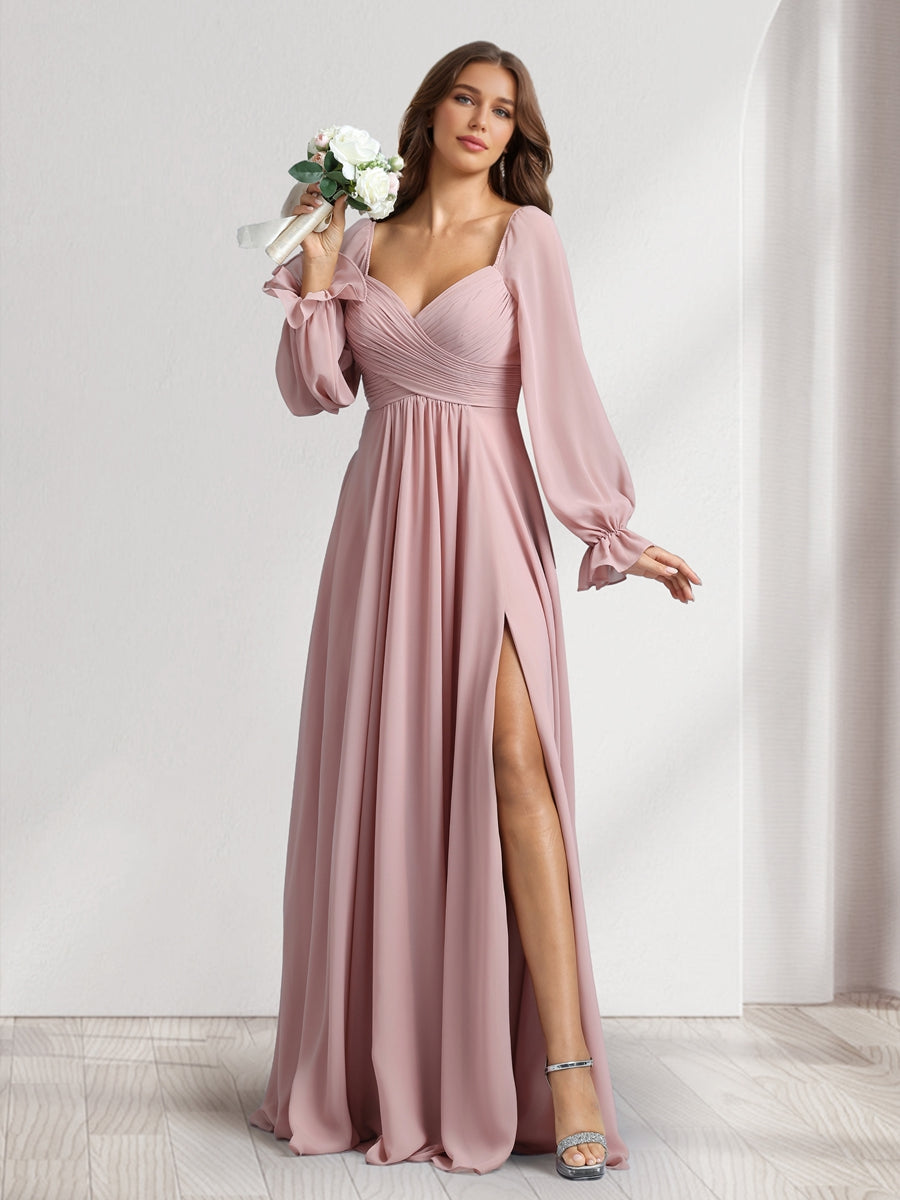 A-Line/Princess Sweetheart Long Sleeves Bridesmaid Dresses With Pleats & Split Side