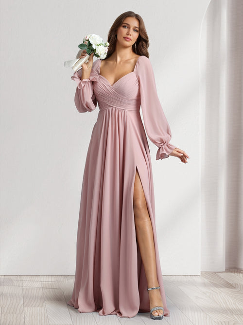 A-Line/Princess Sweetheart Long Sleeves Bridesmaid Dresses With Pleats & Split Side