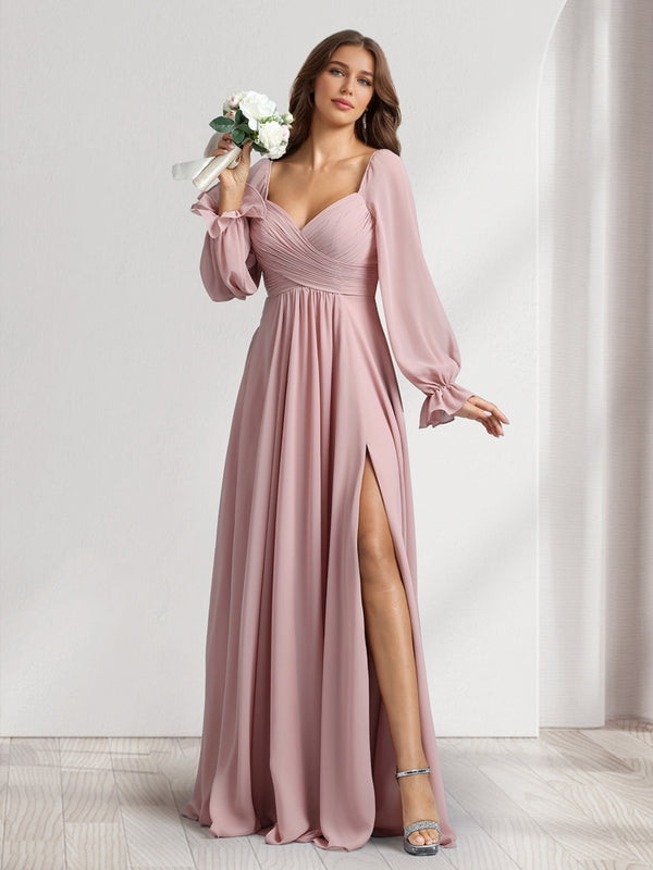 A-Line/Princess Sweetheart Long Sleeves Bridesmaid Dresses With Pleats & Split Side