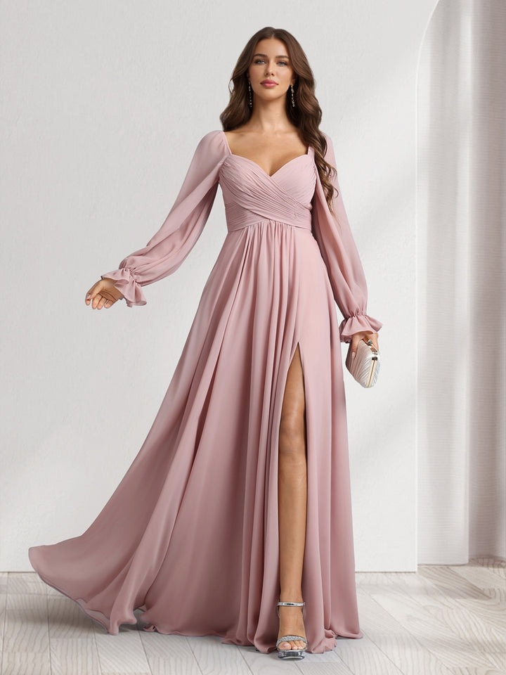 A-Line/Princess Sweetheart Long Sleeves Bridesmaid Dresses With Pleats &amp; Split Side